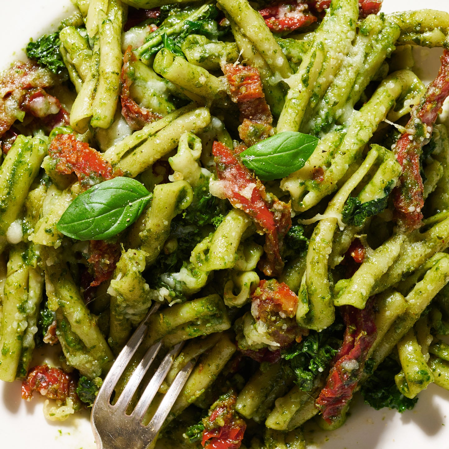 Pesto pasta close up 