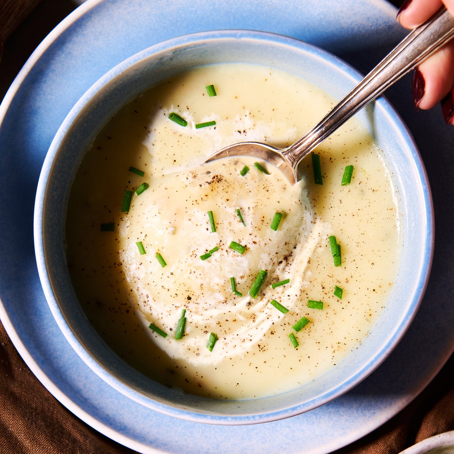 Potato, leek and chive soup close up