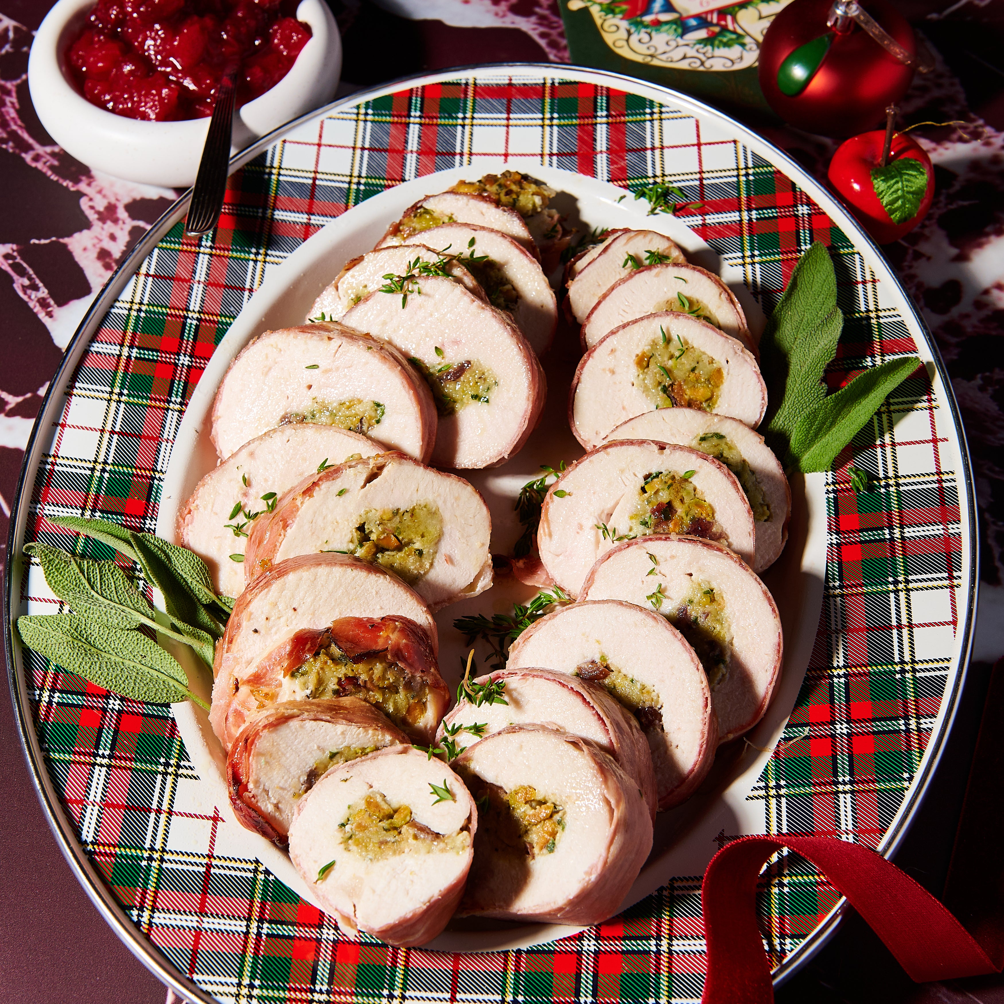 Christmas Prosciutto wrapped chicken, cranberry and pistachio ballotine