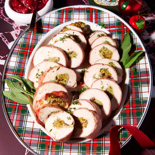 Prosciutto wrapped chicken, cranberry and pistachio ballotine