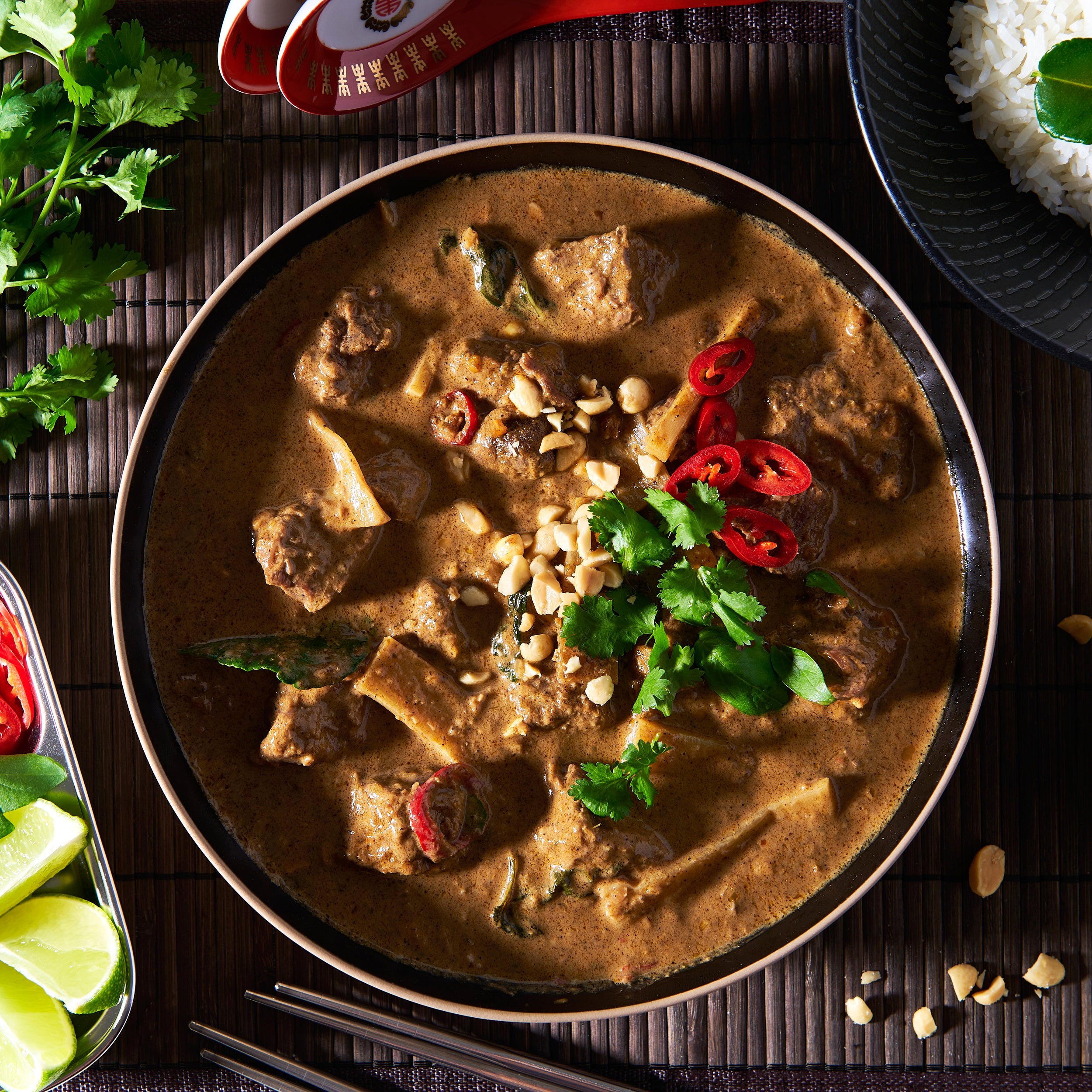 Red curry of beef with bamboo shoots and lime leaves