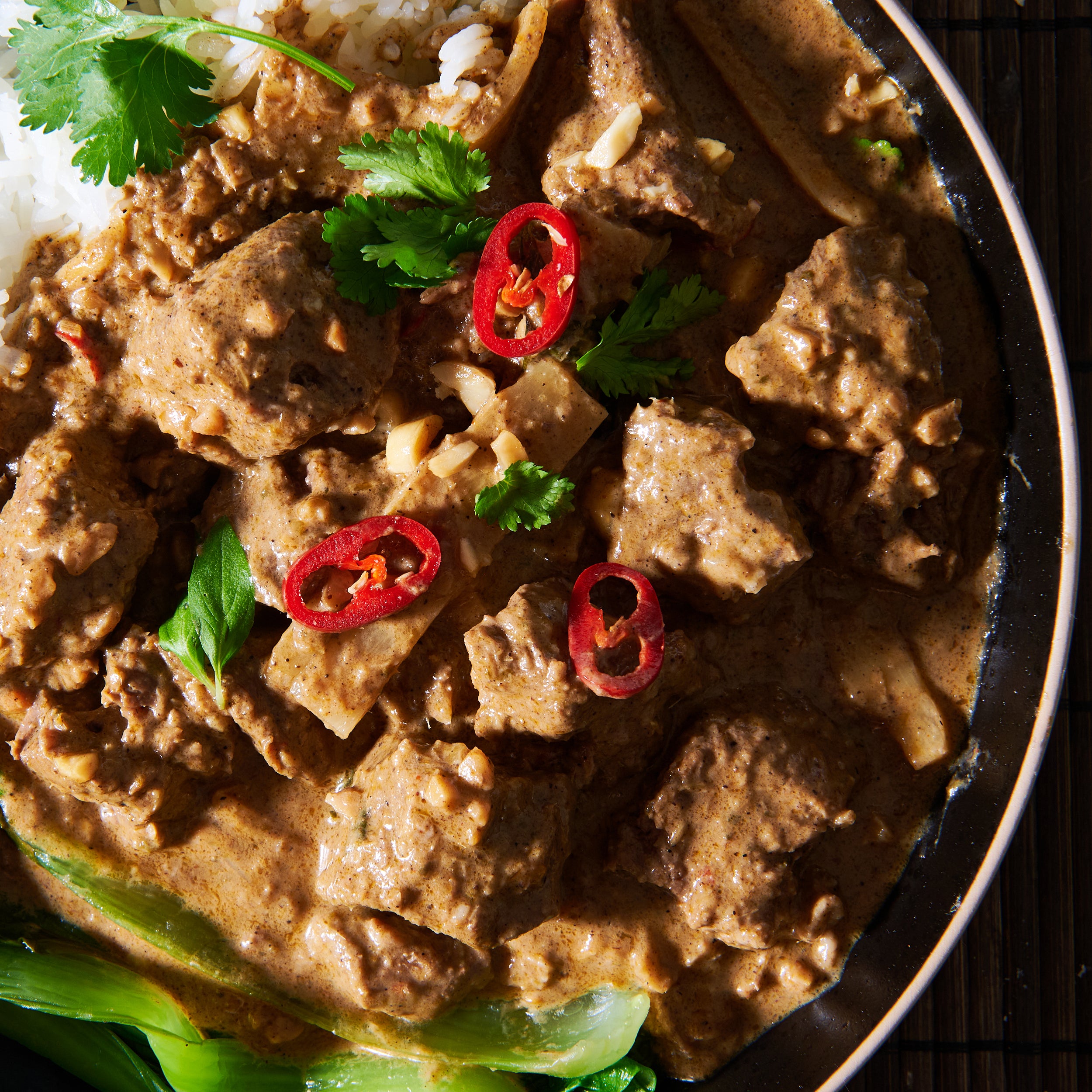 Red curry of beef with bamboo shoots and lime leaves