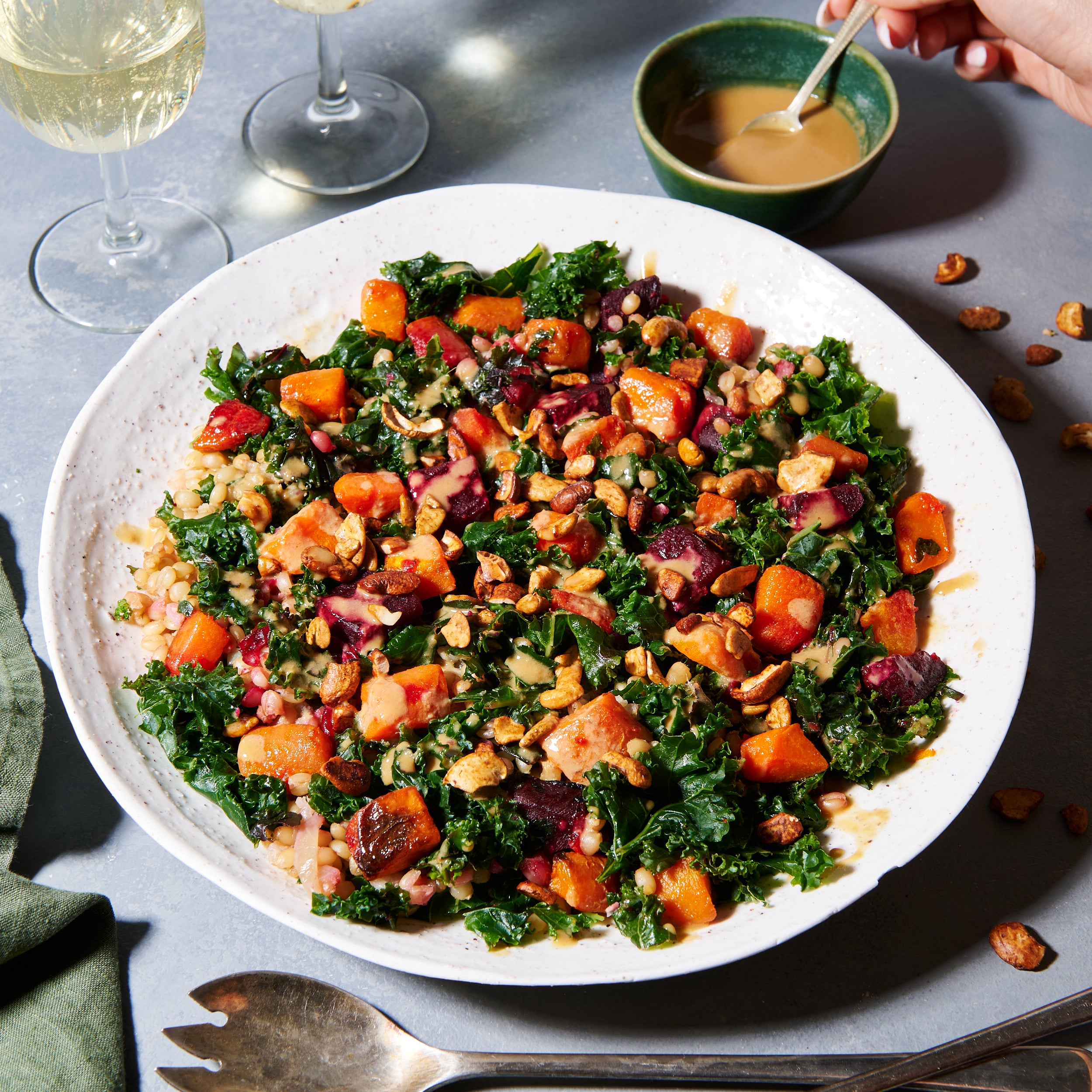 Roast vegetables with miso, cashews and freekeh