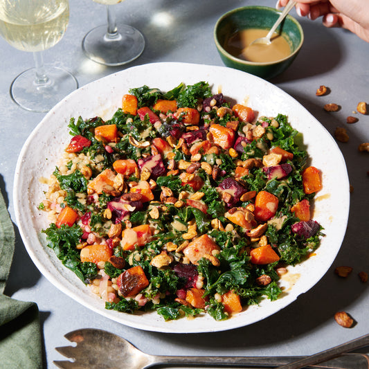 Roast vegetables with miso, cashews and freekeh