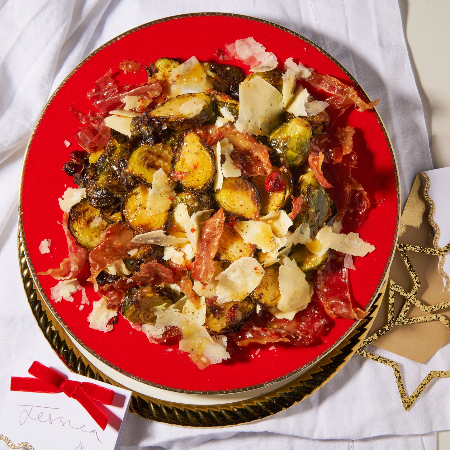 Roast Brussels sprouts with proscuitto and parmesan