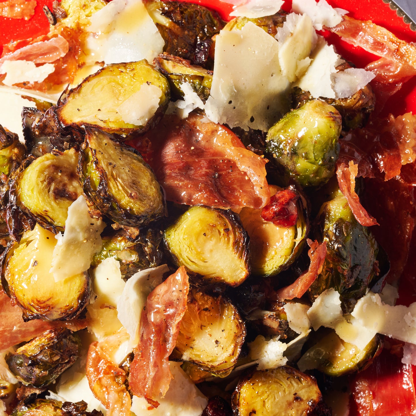 Roast Brussels sprouts with proscuitto and parmesan close up