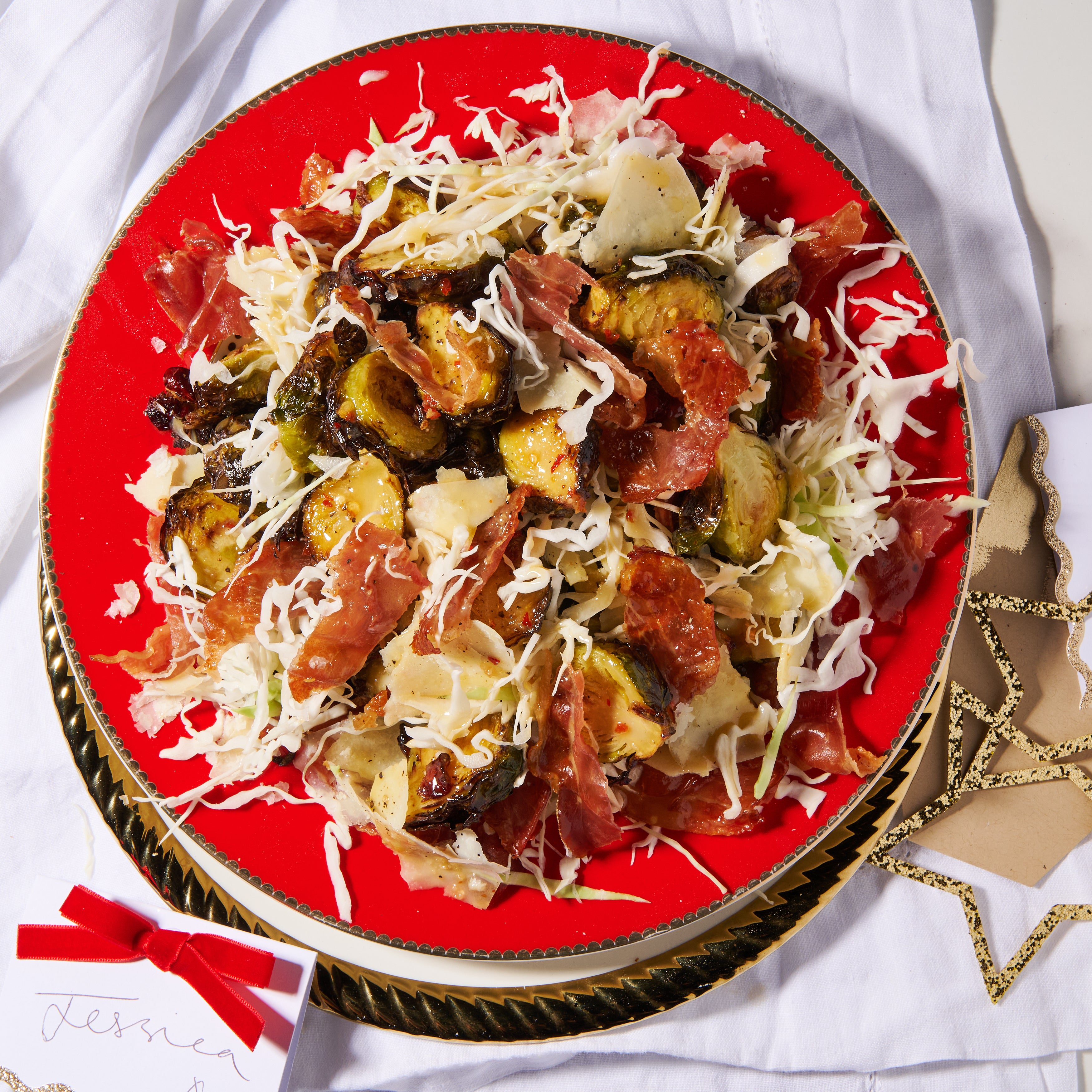 Roast Brussels sprouts with proscuitto and parmesan with cabbage