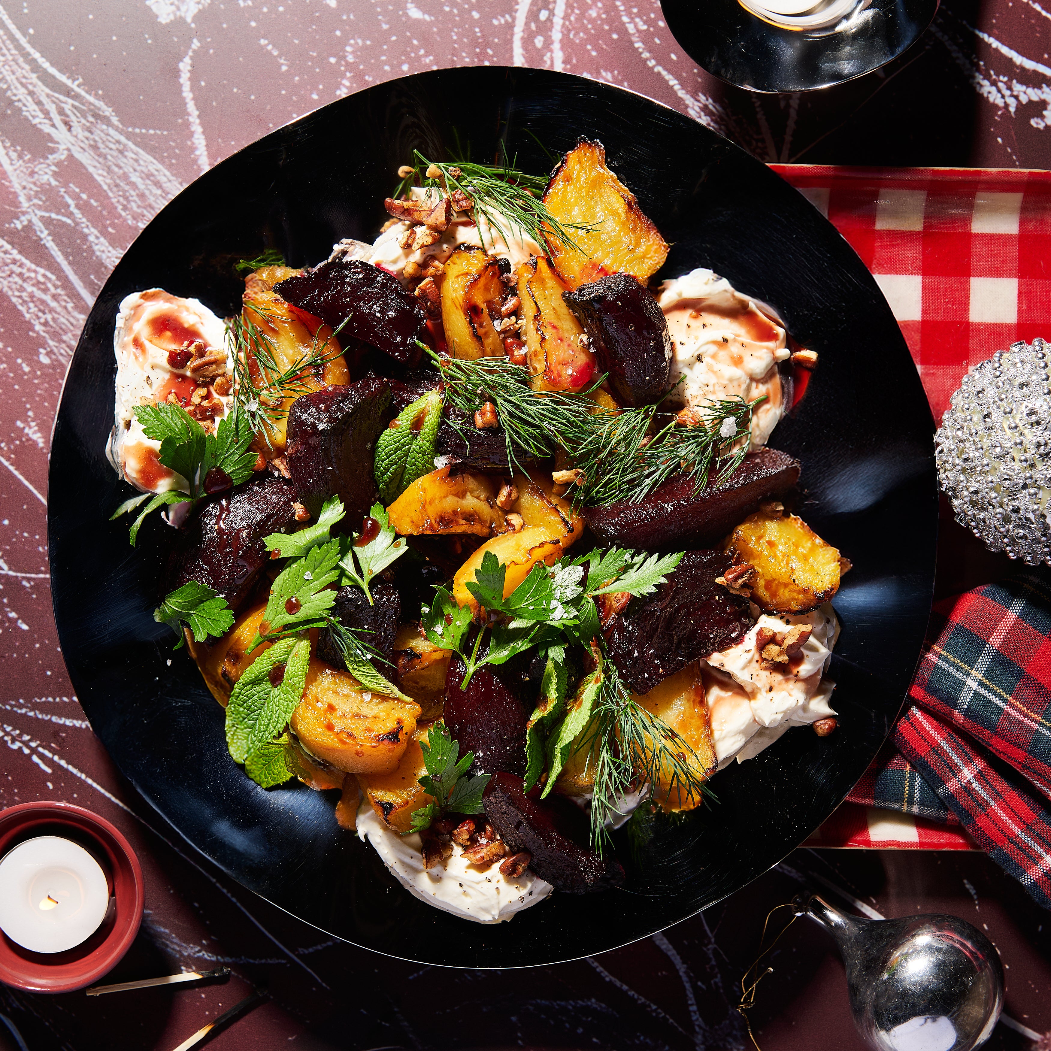 Christmas Roast beetroot with whipped fetta, pecans and pomegranate dressing
