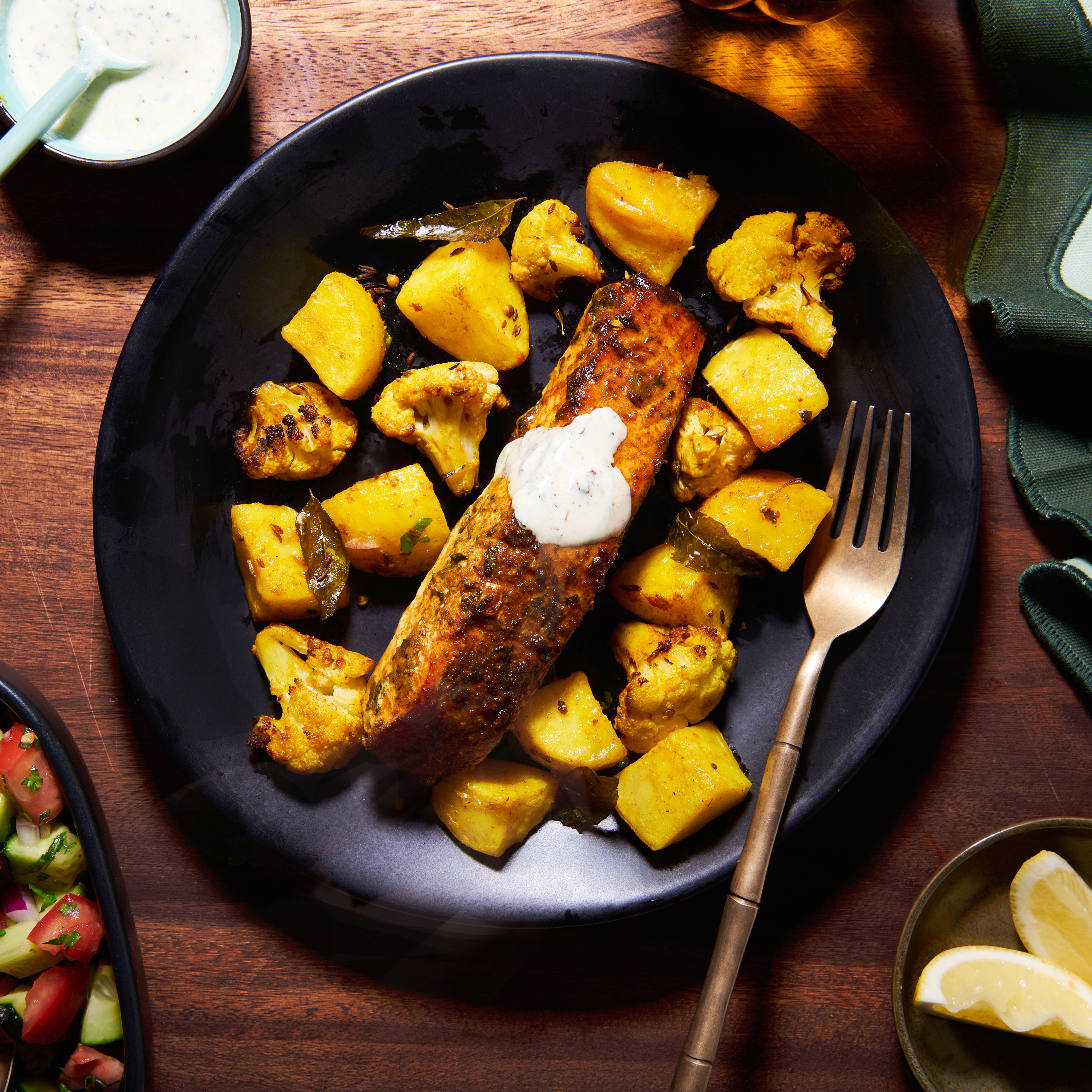 Salmon tikka for one on a plate