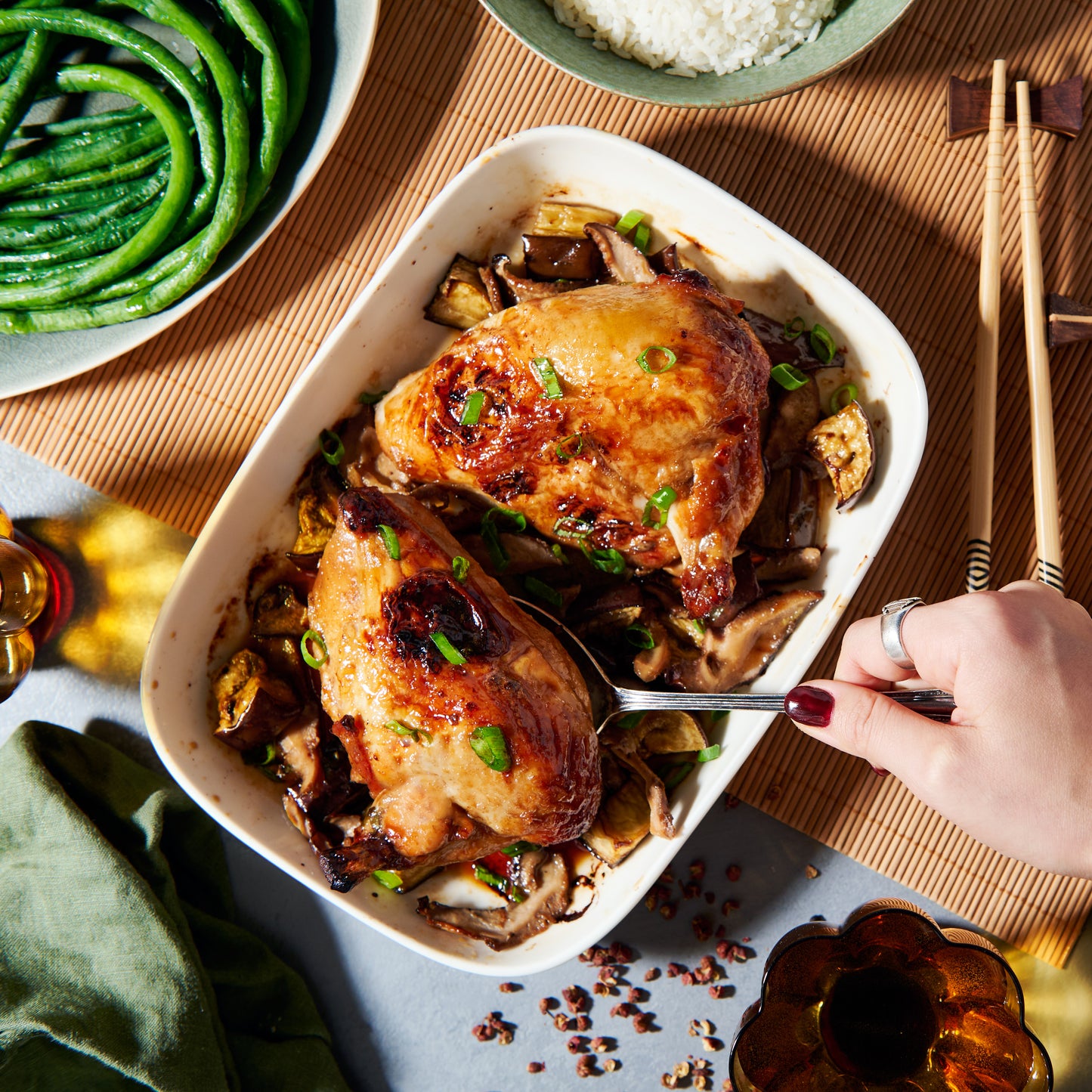Sticky Szechuan chicken with eggplant and shiitake mushrooms