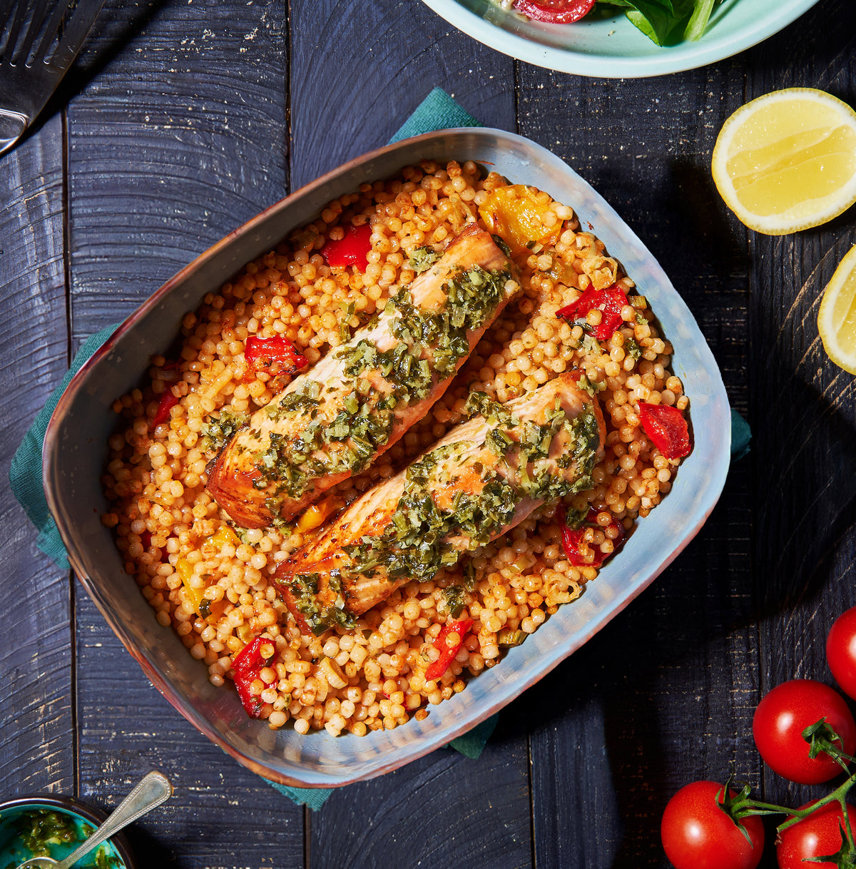 Salmon with pearl couscous and lemon-parsley salsa