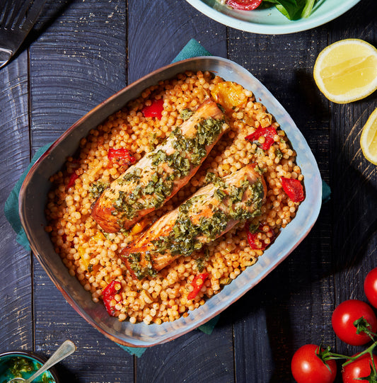 Salmon with pearl couscous and lemon-parsley salsa