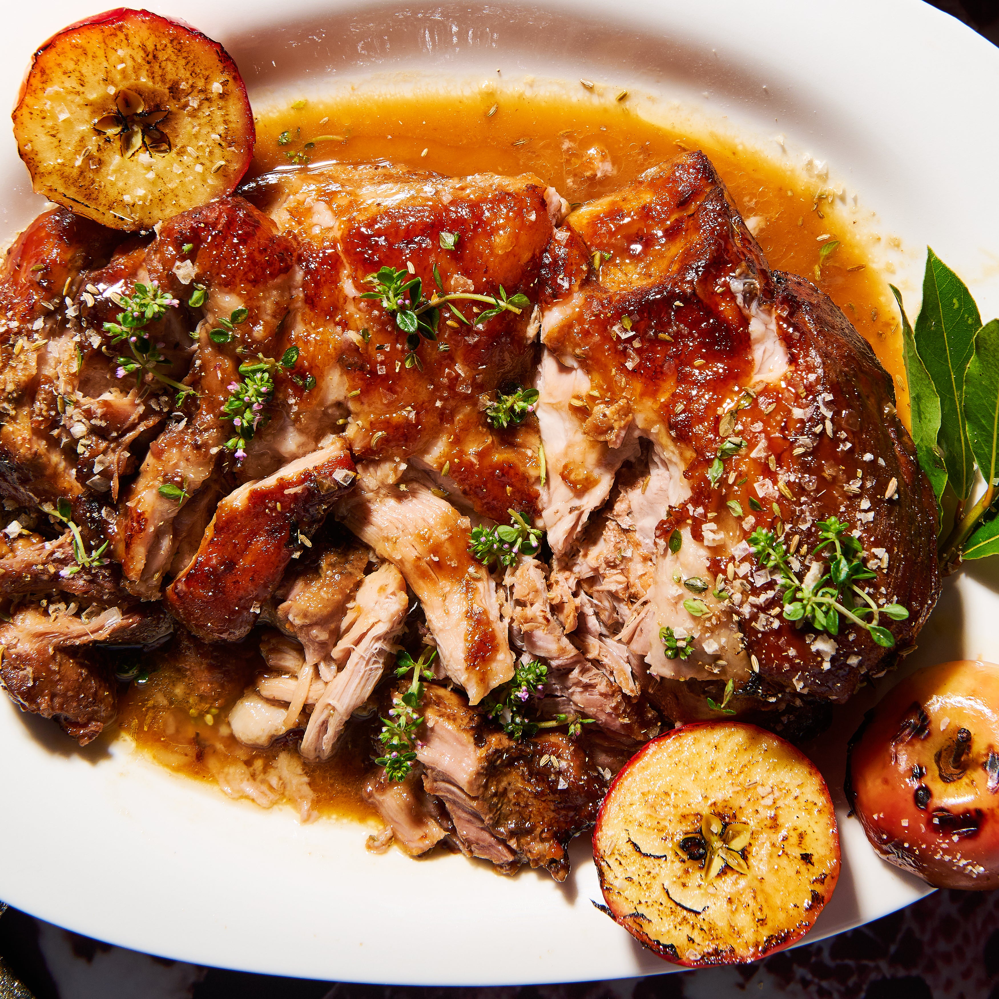 Slow-cooked caramelised pork shoulder with fennel salt close up