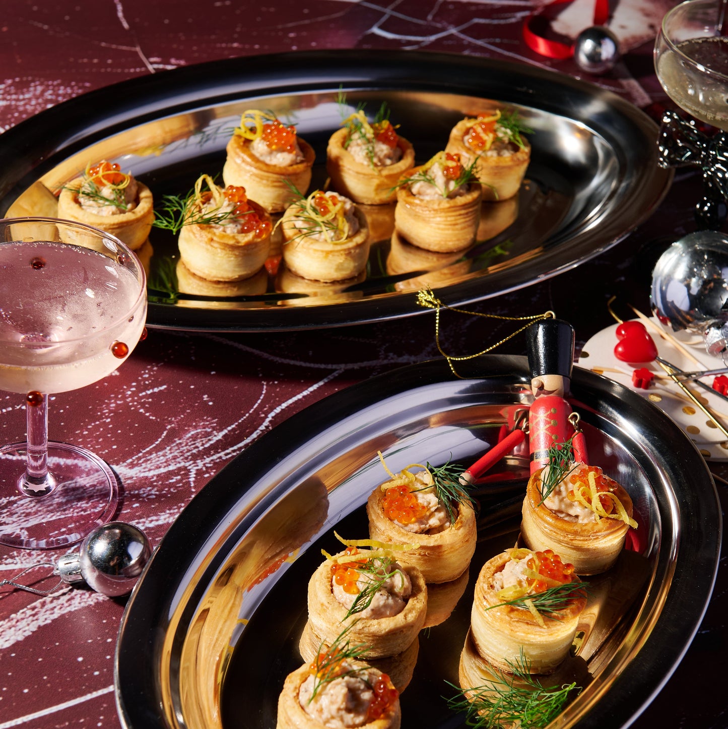 Smoked trout vol-au-vents with dill and capers with caviar