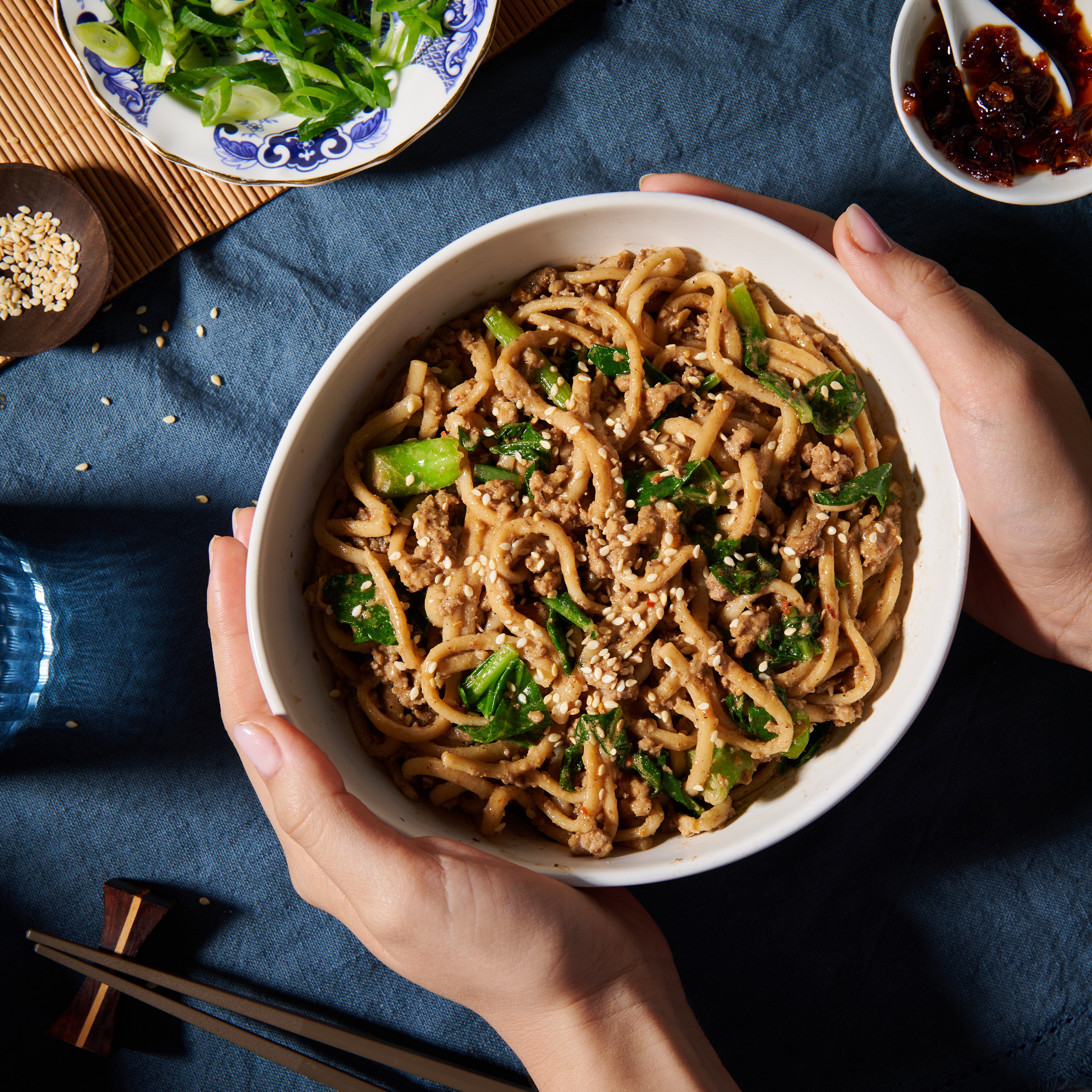 Spicy dan dan noodles in a bowl 