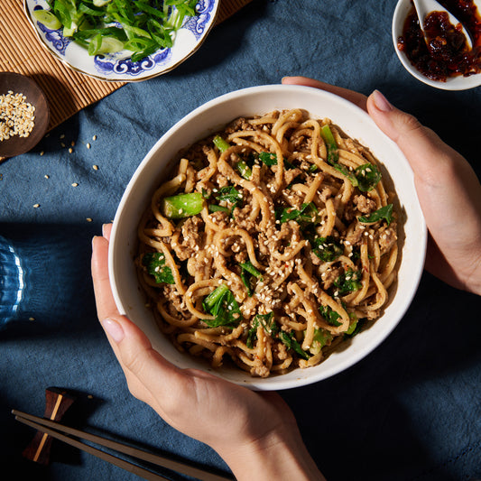 Spicy dan dan noodles in a bowl 