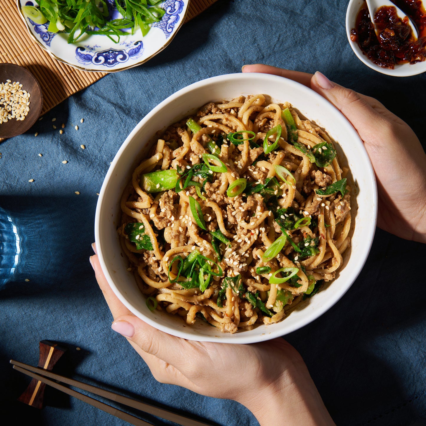 Spicy dan dan noodles in a bowl 