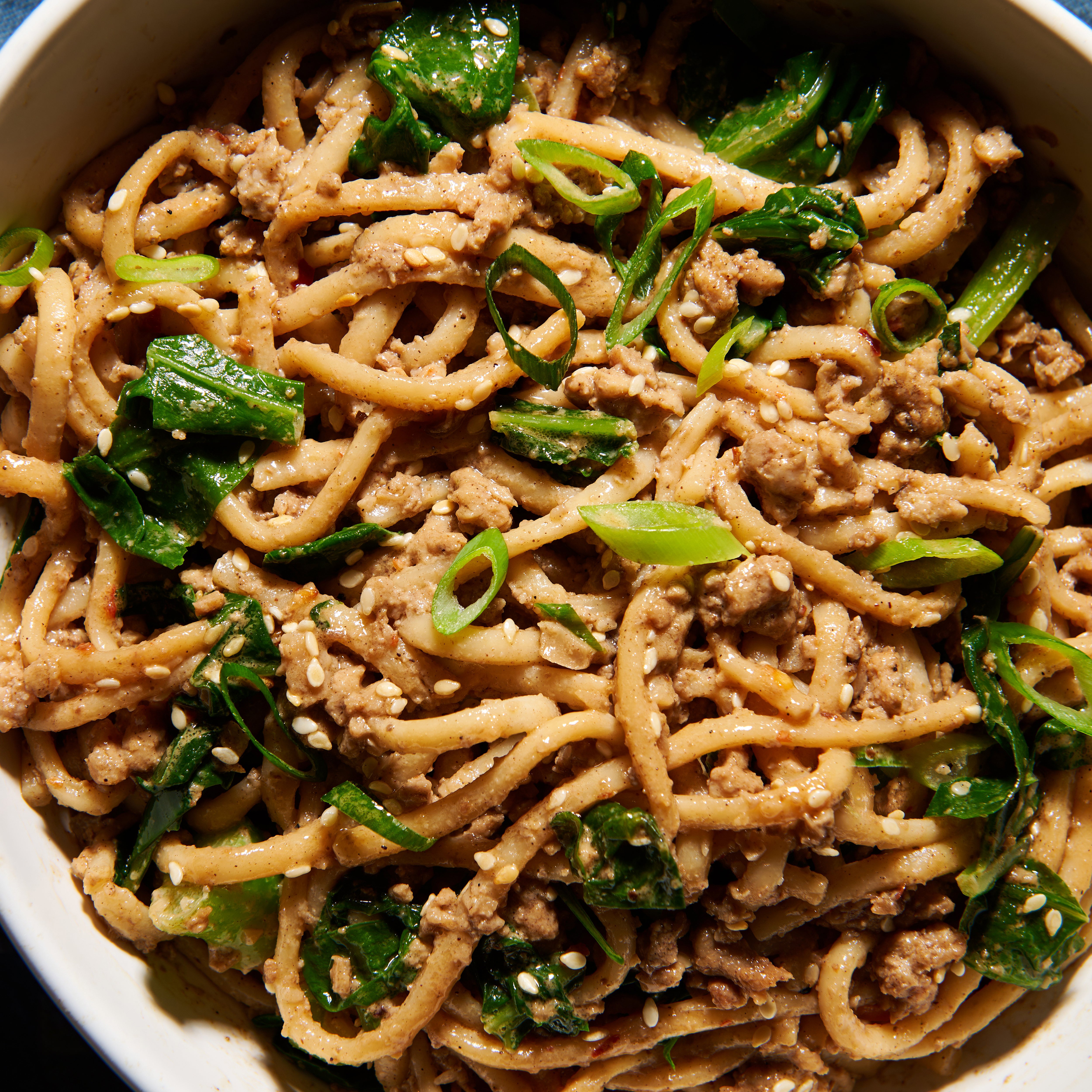 Spicy dan dan noodles close up 