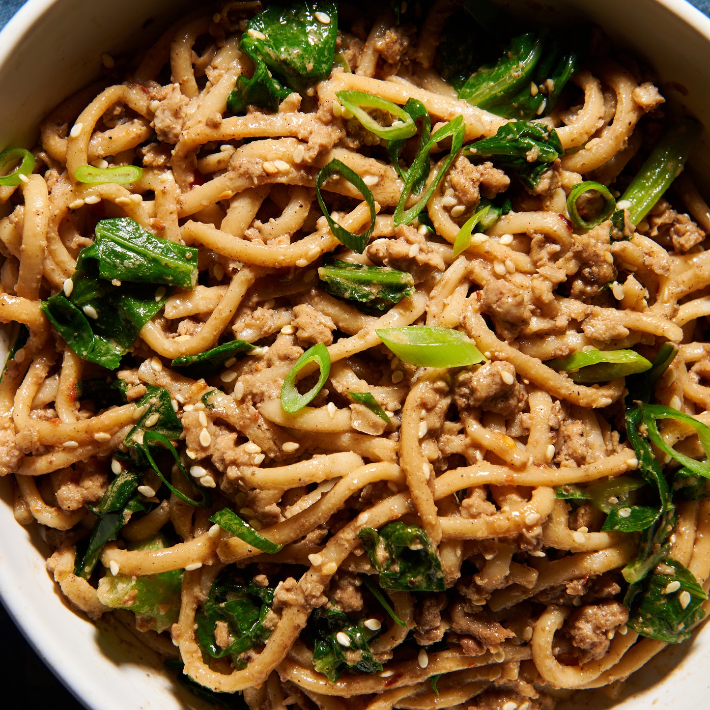 Spicy dan dan noodles close up 