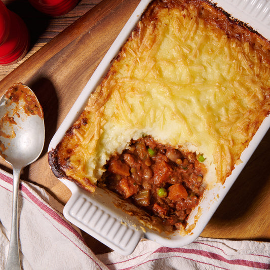 Vegetable cottage pie topped with cheesy potato mash