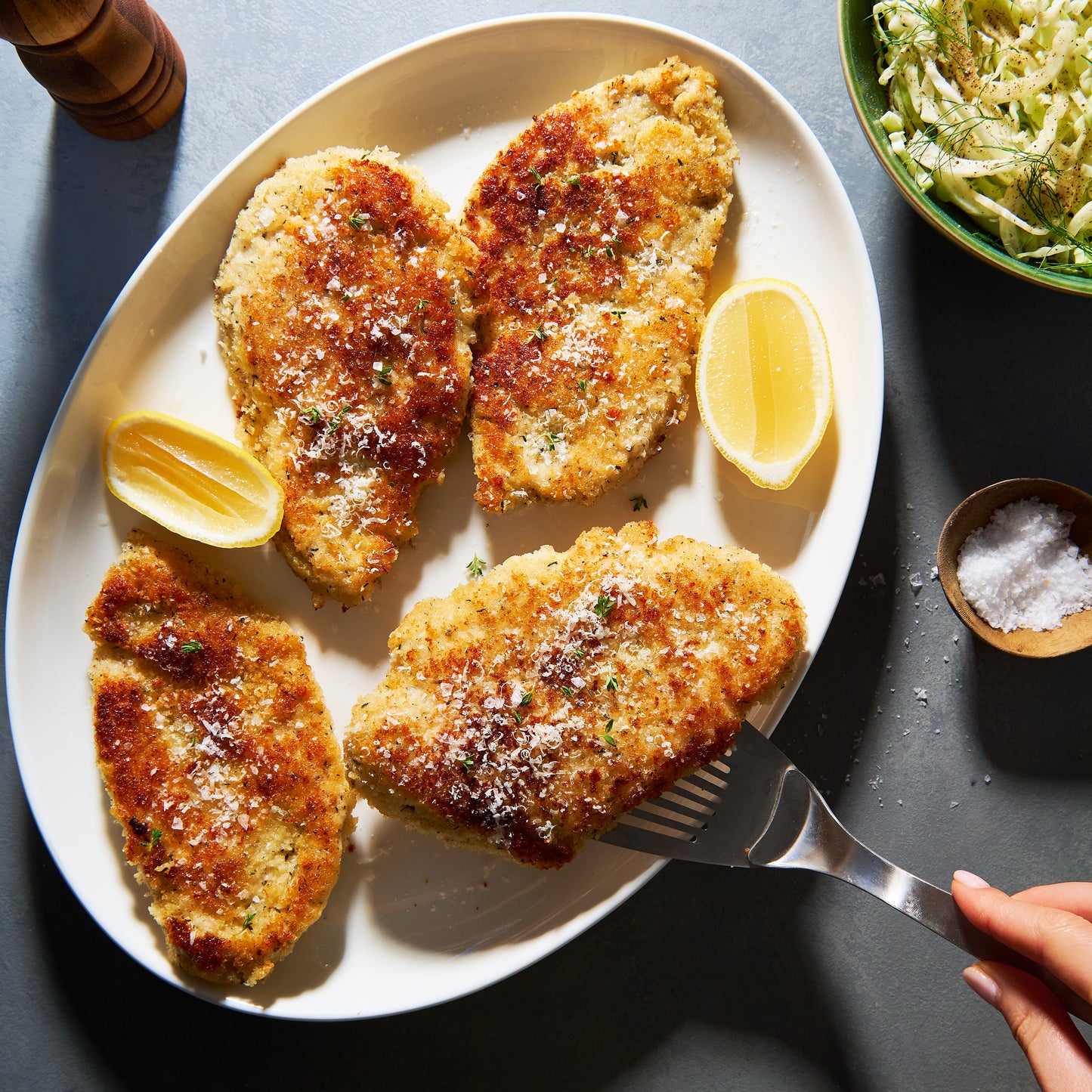 Chicken schnitzel with Parmesan and thyme