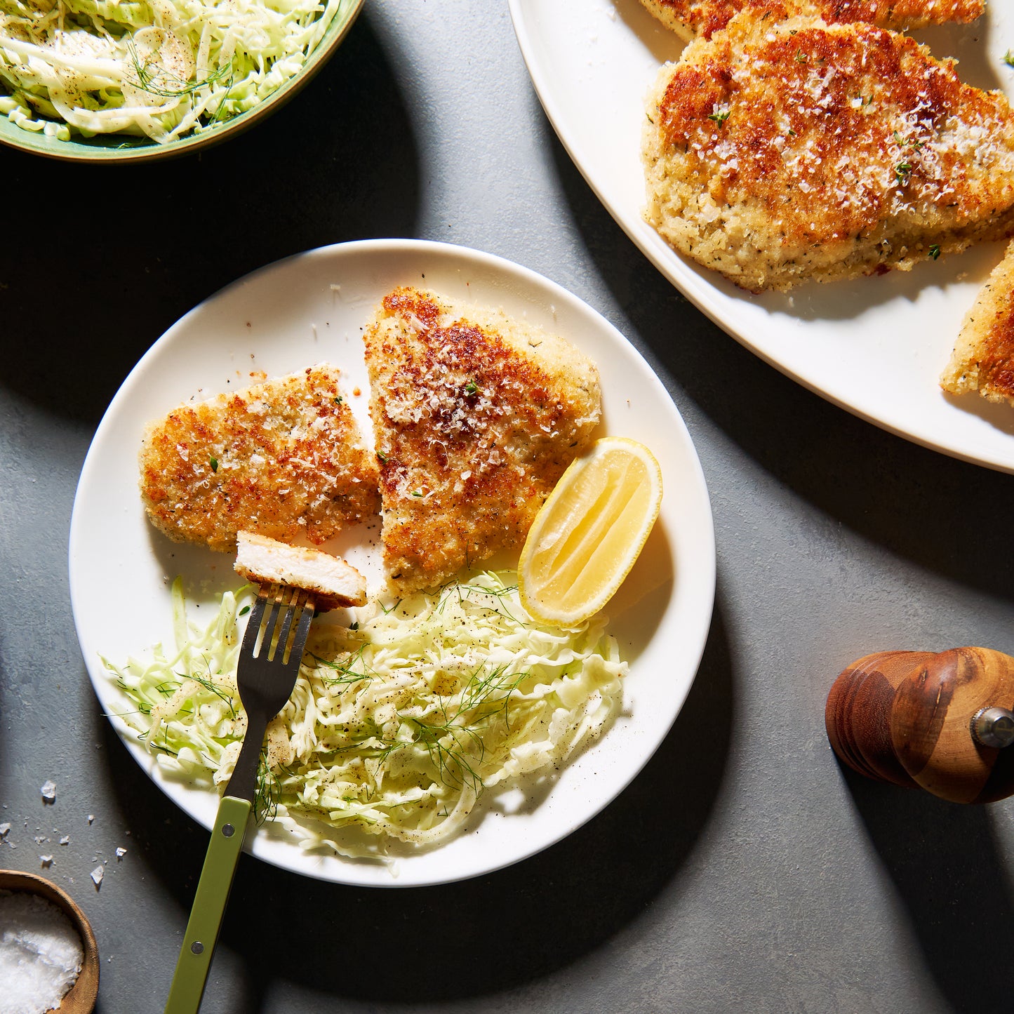 Chicken schnitzel with Parmesan and thyme