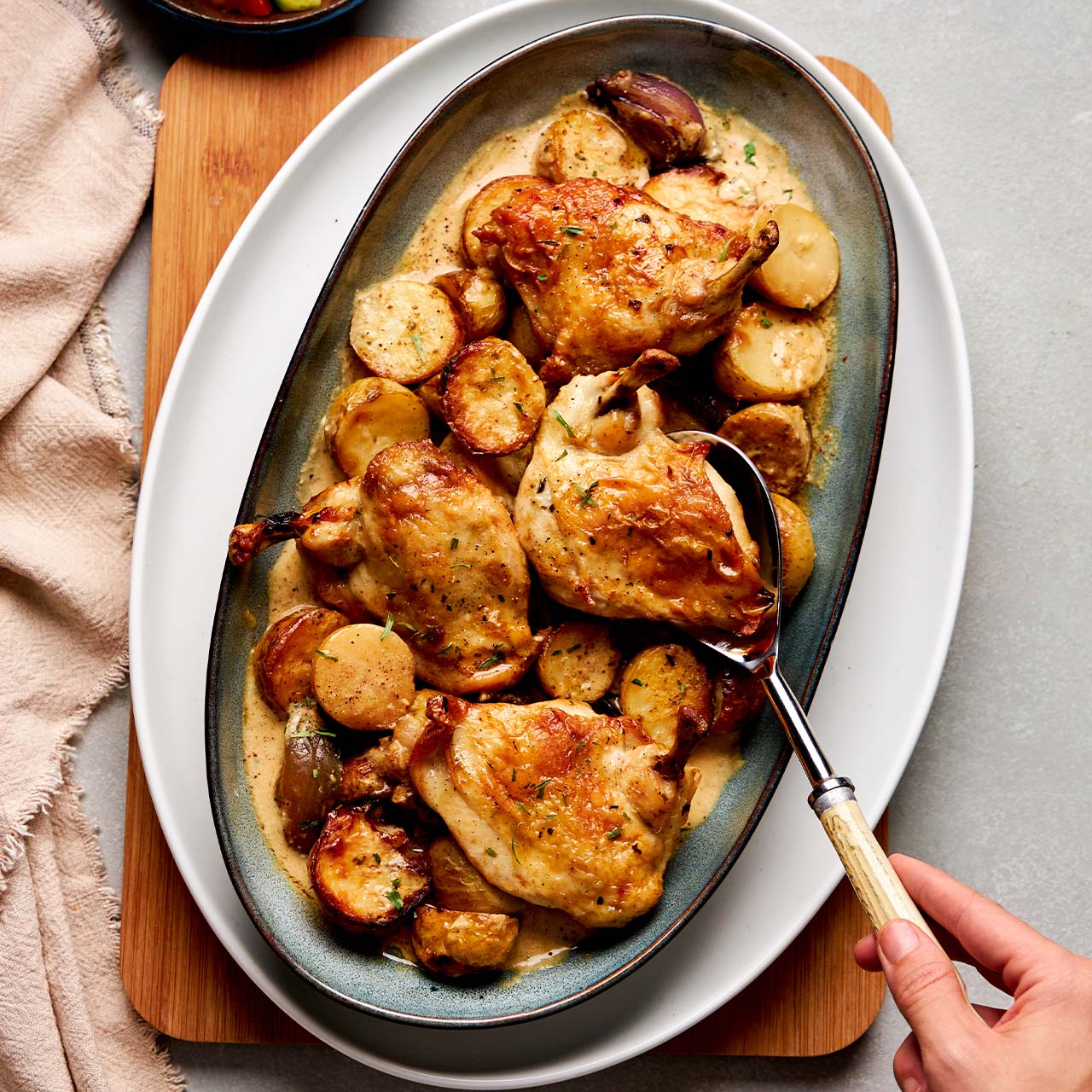 Creamy tarragon chicken and potato tray bake