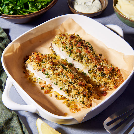 Macadamia crusted barramundi fillets with horseradish-dill cream
