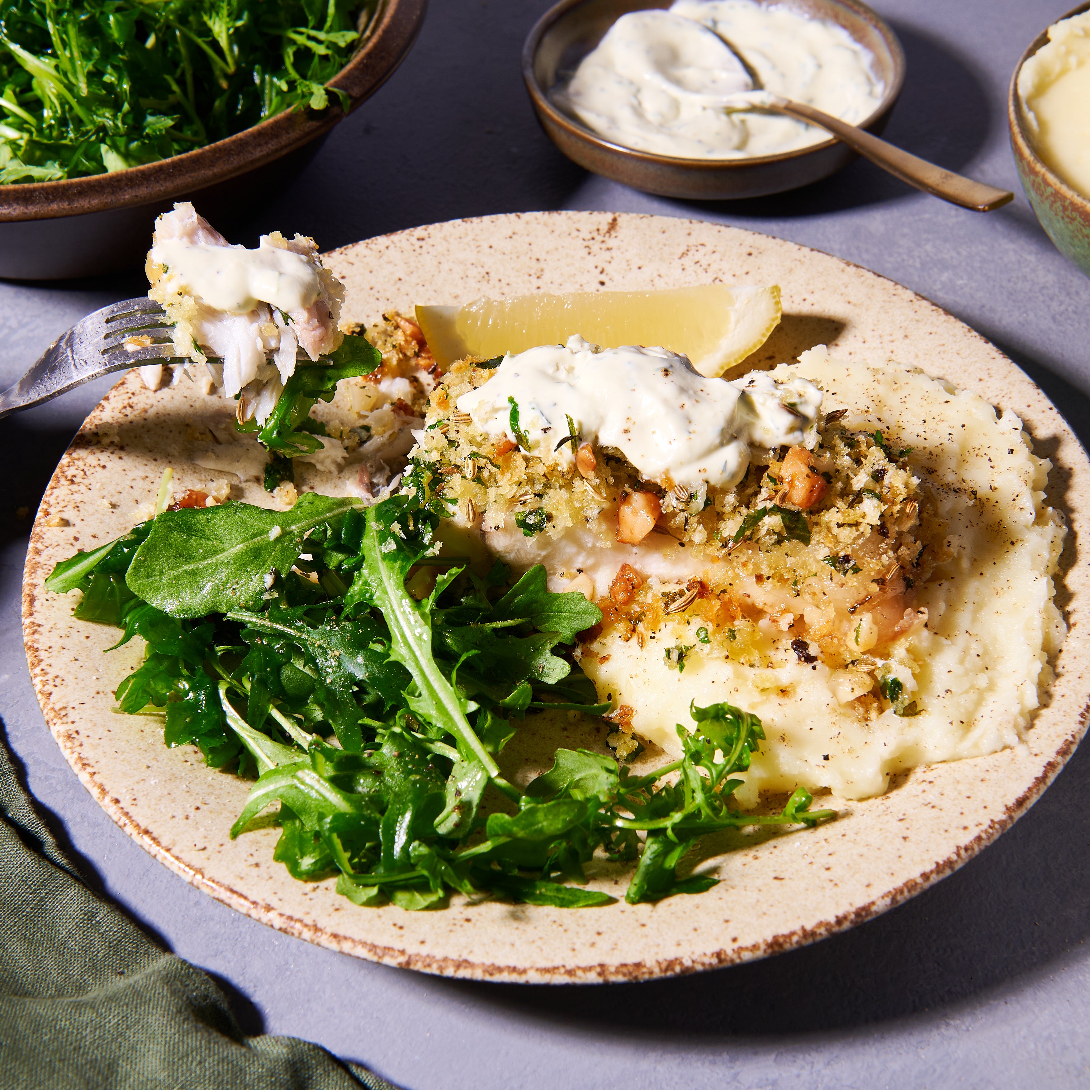 Macadamia crusted barramundi fillets with horseradish-dill cream