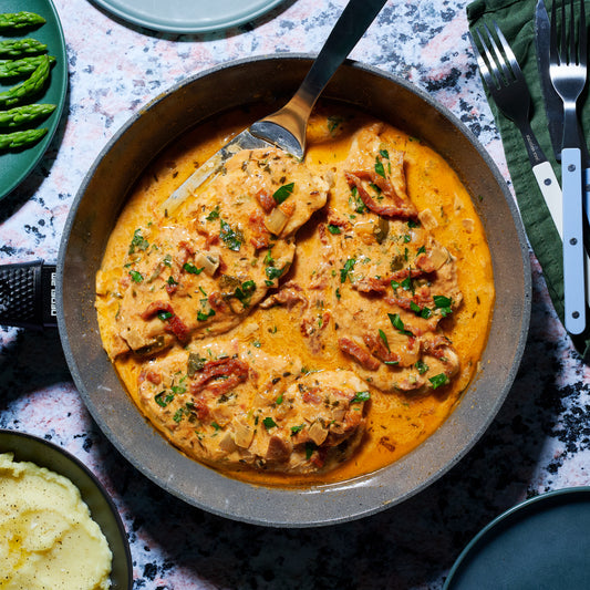 Overhead view of a skillet filled with chicken escalopes in a creamy sun-dried tomato sauce, garnished with fresh herbs.