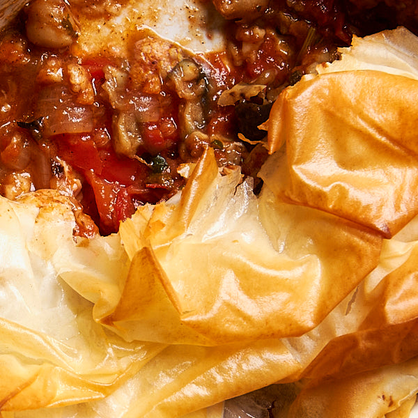 Mediterranean vegetables and haloumi with crispy filo