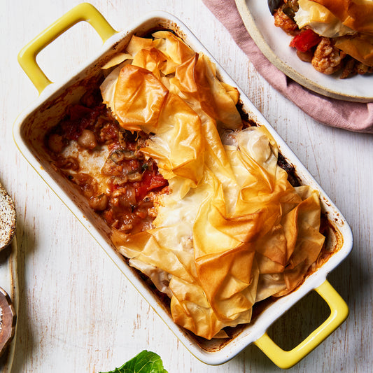 Mediterranean vegetables and haloumi with crispy filo