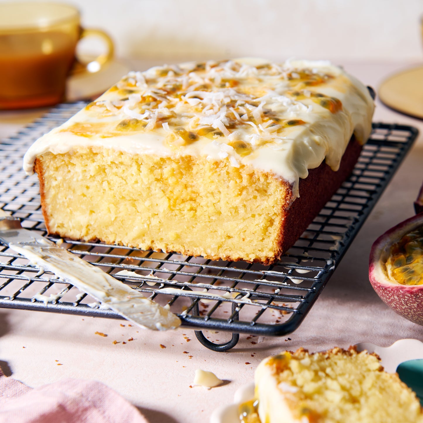 Passionfruit and coconut cake with lime and cream cheese icing