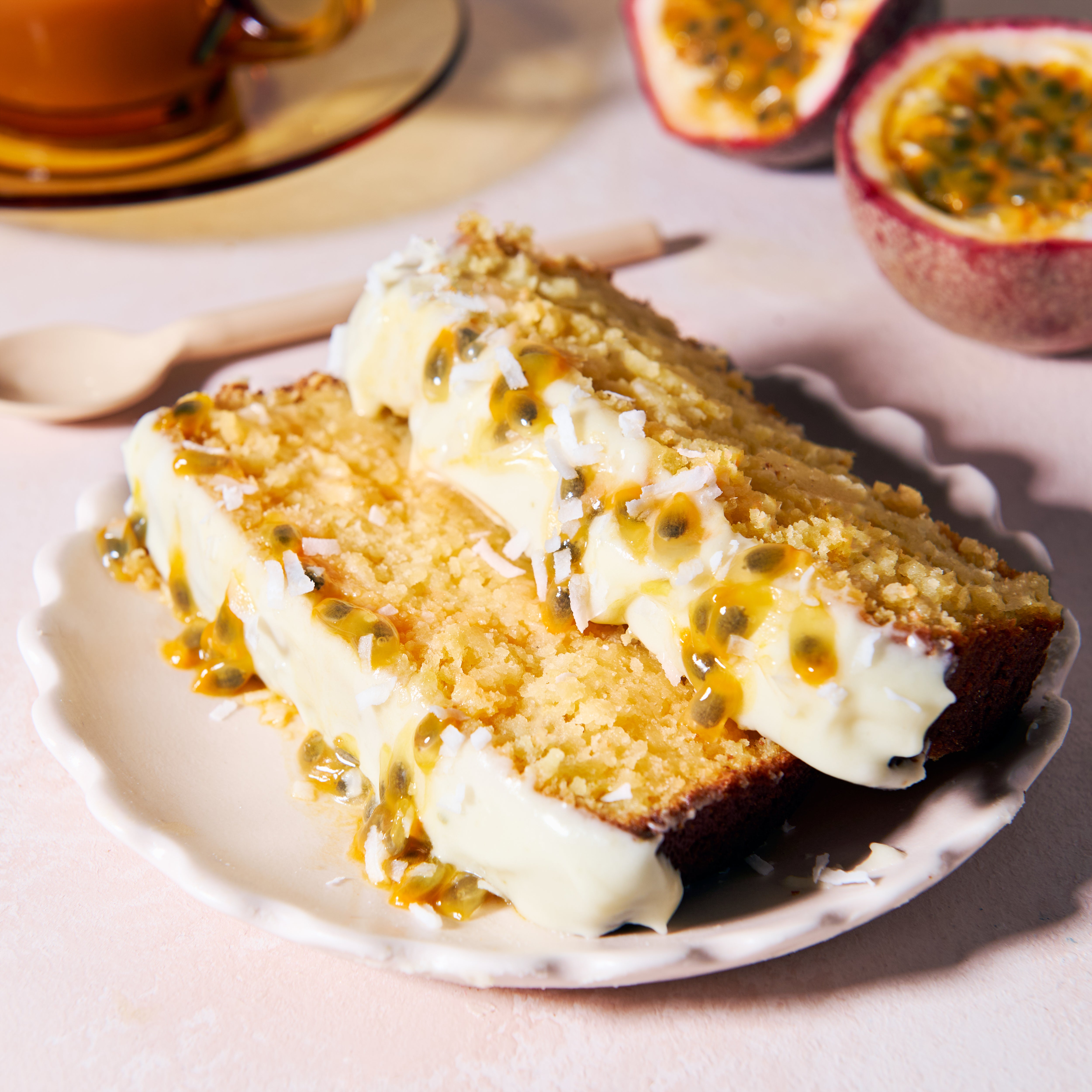 Passionfruit and coconut cake with lime and cream cheese icing sliced