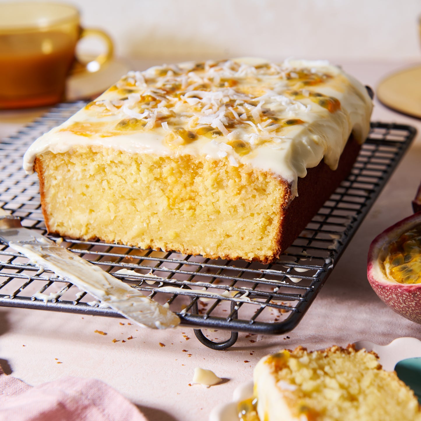 Passionfruit and coconut cake with lime and cream cheese icing & fresh passionfruit