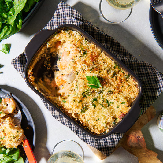Prawn, leek and barramundi gratin