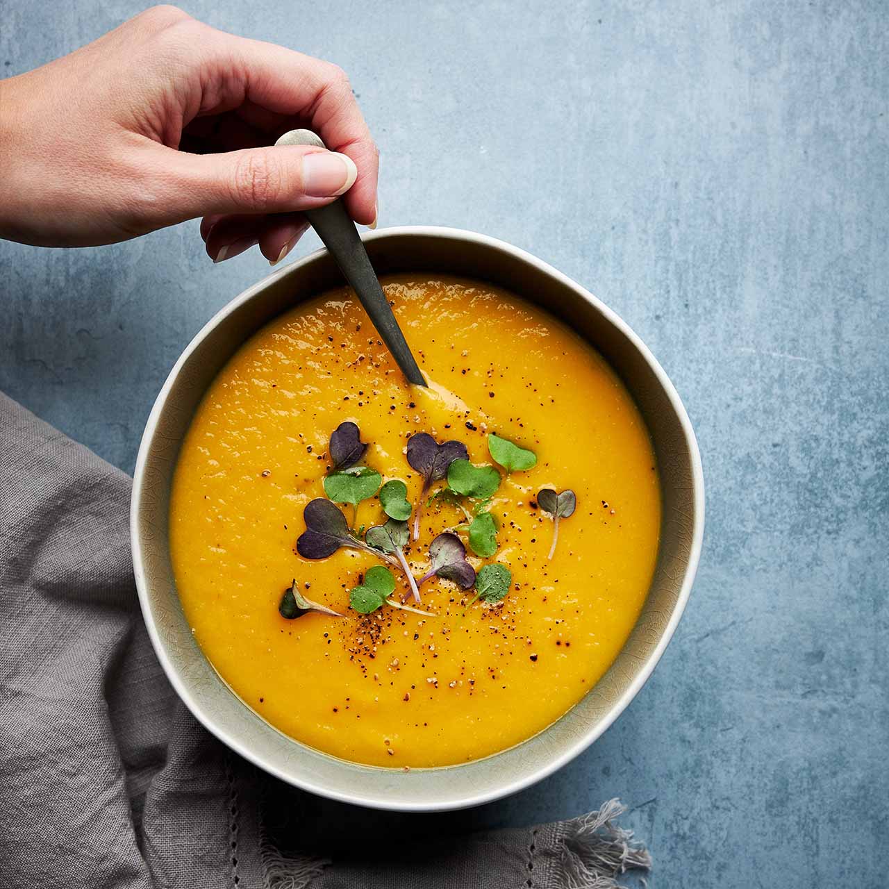 Pumpkin soup with roast garlic and thyme