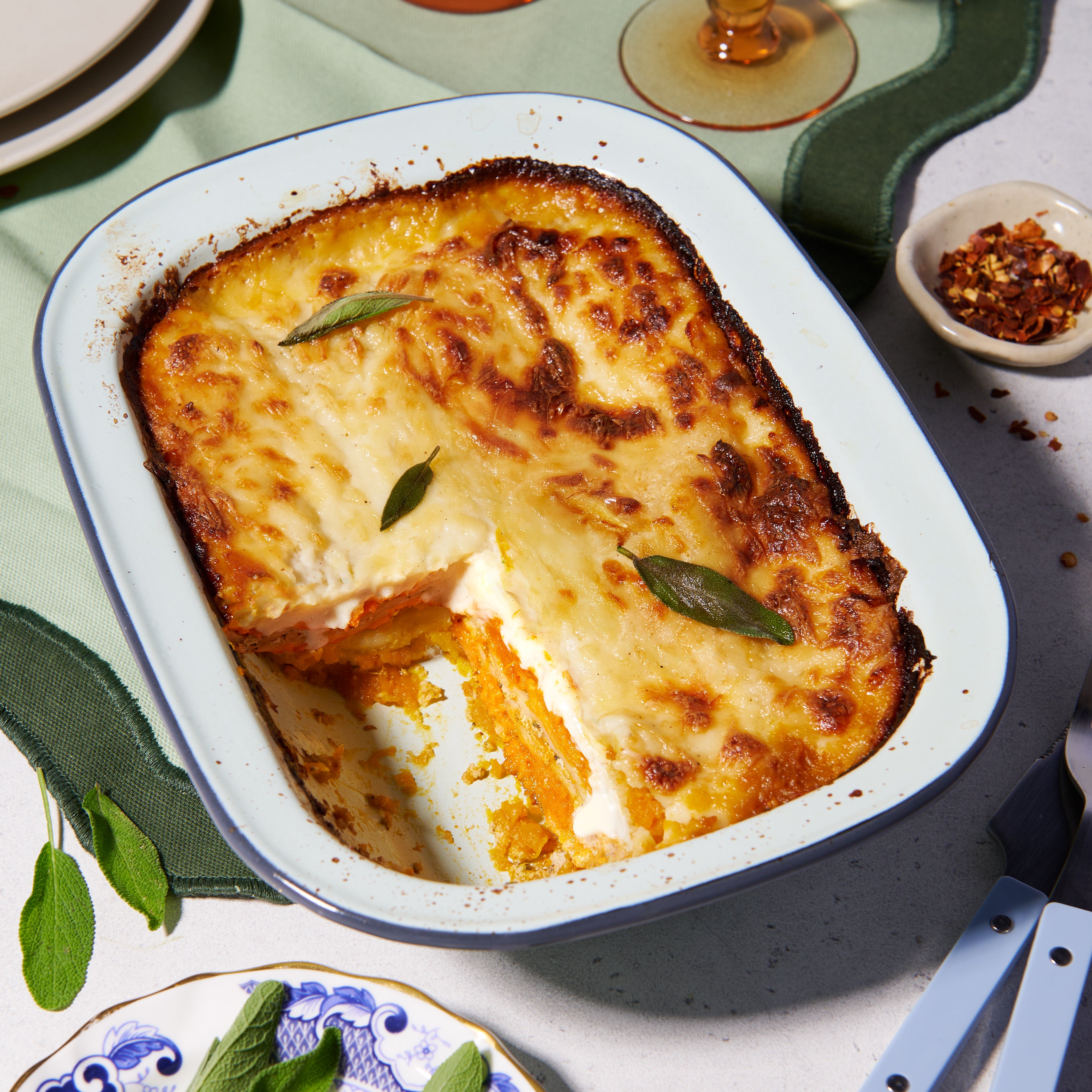 Roast pumpkin and ricotta lasagne with sage and walnuts