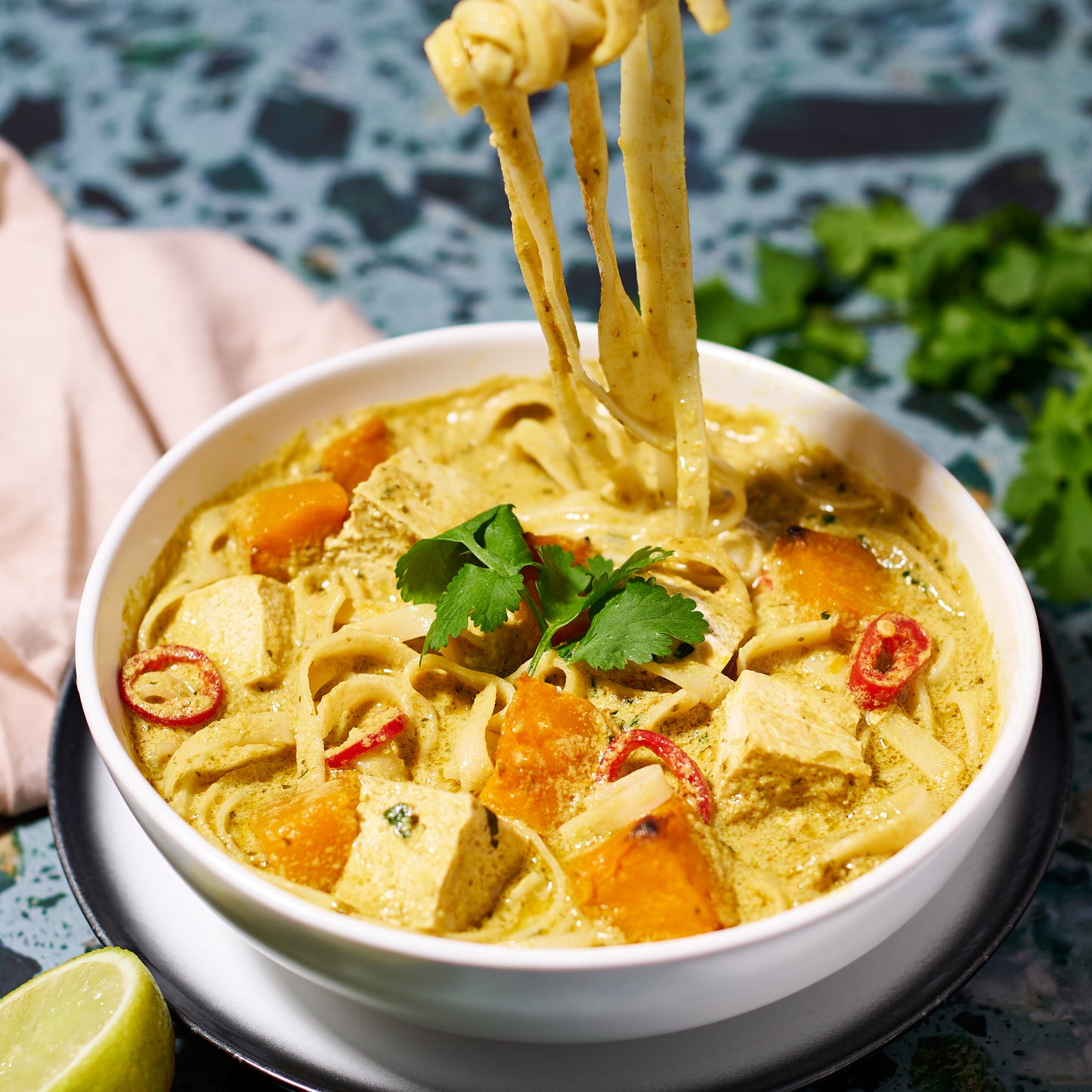 Pumpkin and tofu laksa with rice noodles