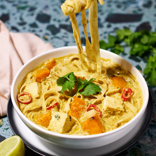 Pumpkin and tofu laksa with rice noodles