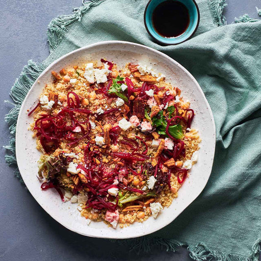 Quinoa, beetroot and feta salad with spiced pecans