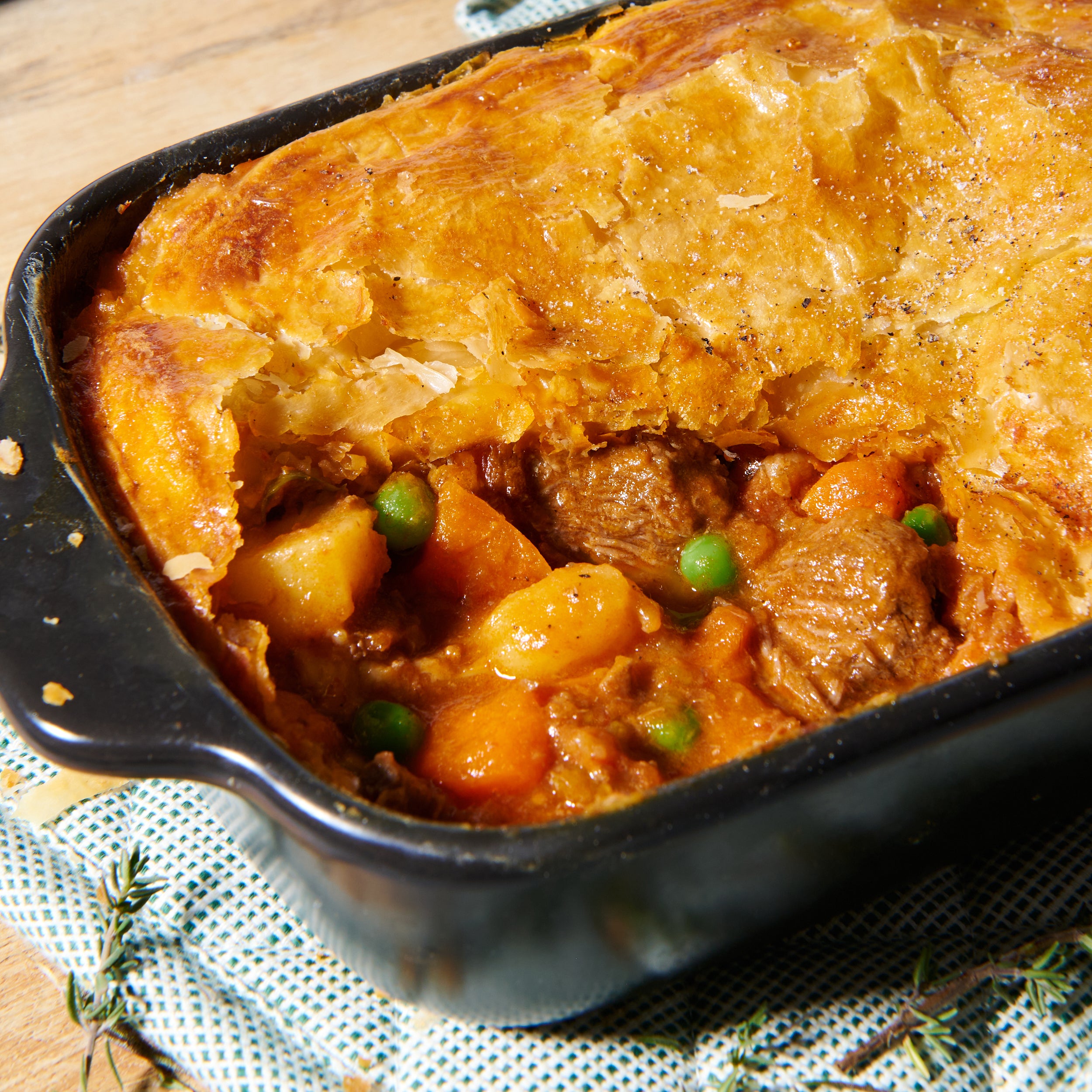 Slow-cooked beef and vegetable pie