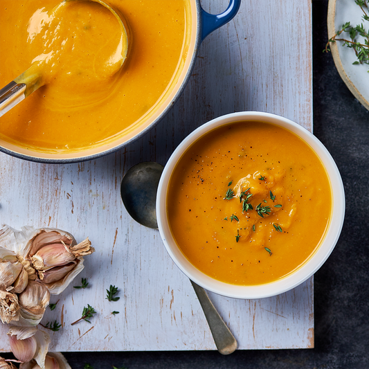 Pumpkin soup with roast garlic and thyme