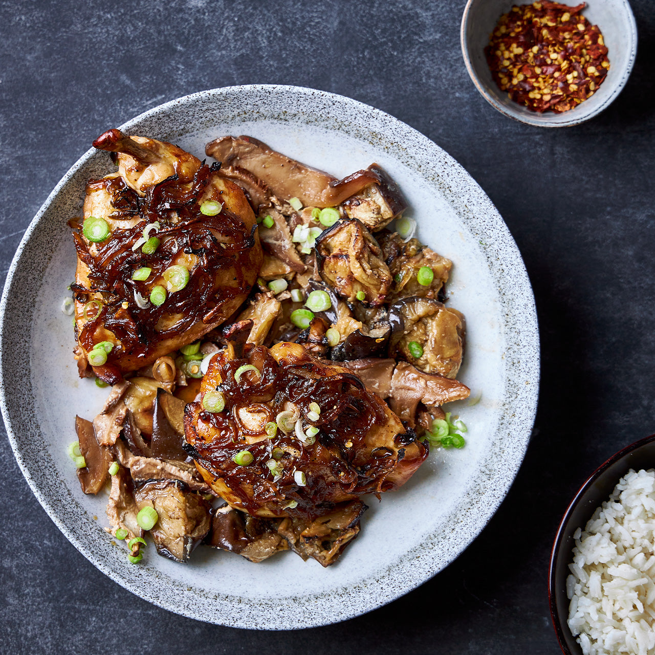 Sticky Szechuan chicken with eggplant and shiitake mushrooms